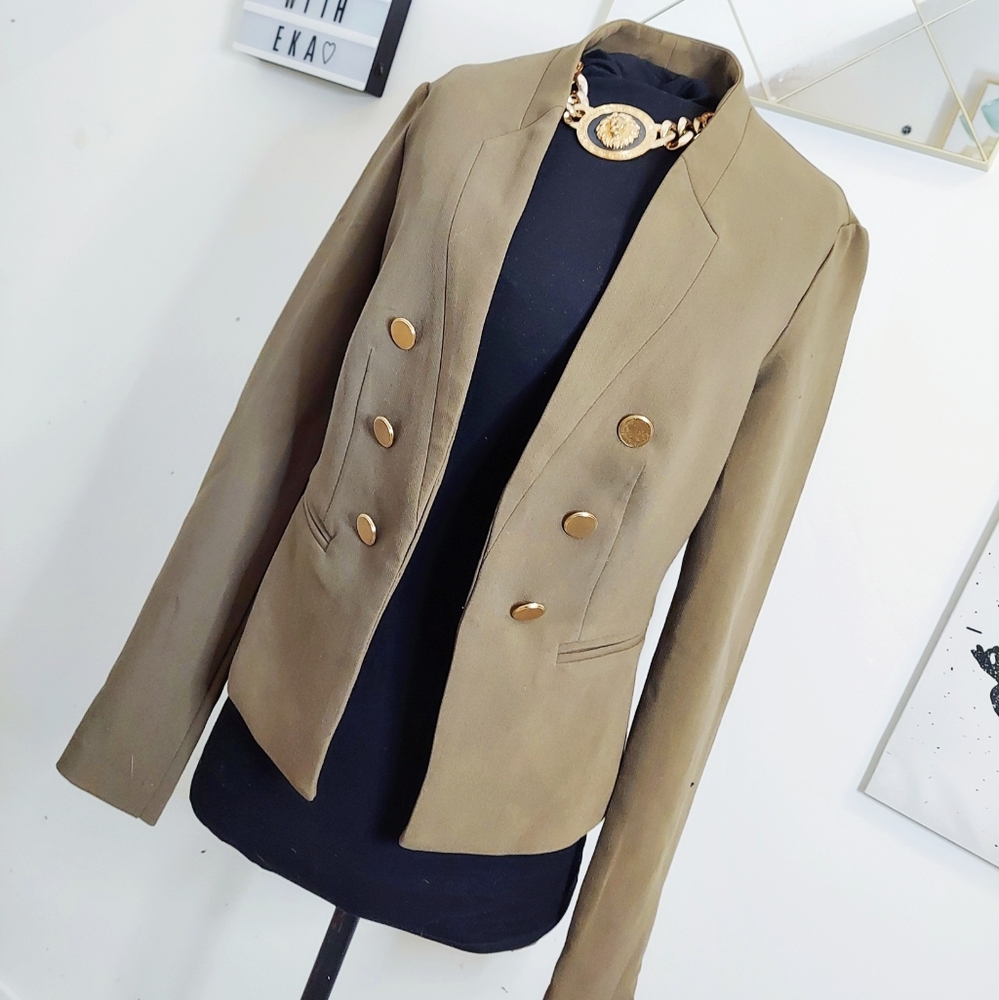 Olive green blazer with gold buttons